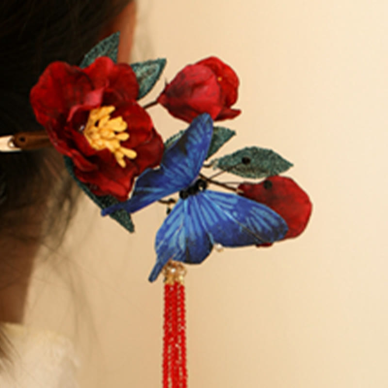 Nimara Ritual Classical Chinese Style Red Flower Blue Butterfly Hairpin