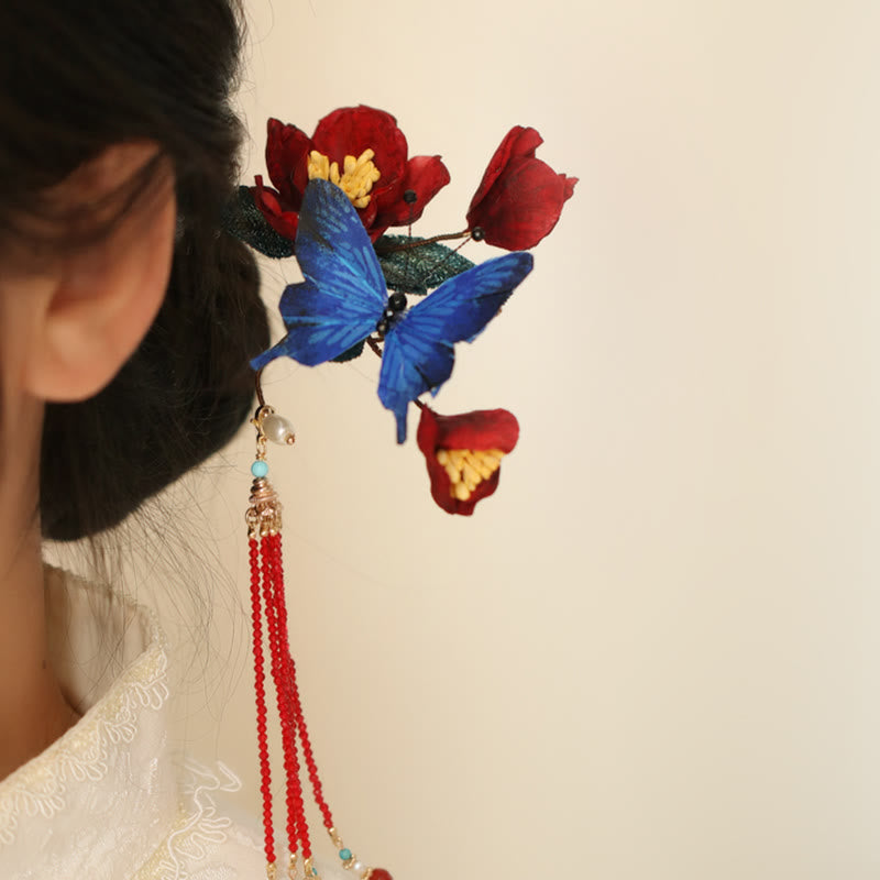 Nimara Ritual Classical Chinese Style Red Flower Blue Butterfly Hairpin