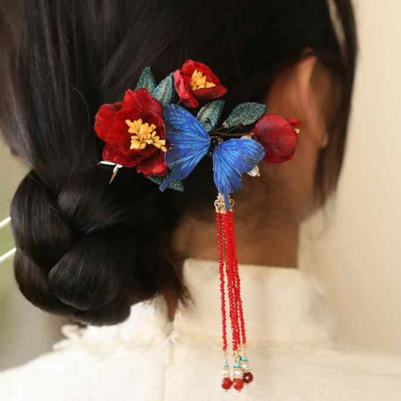 Nimara Ritual Classical Chinese Style Red Flower Blue Butterfly Hairpin