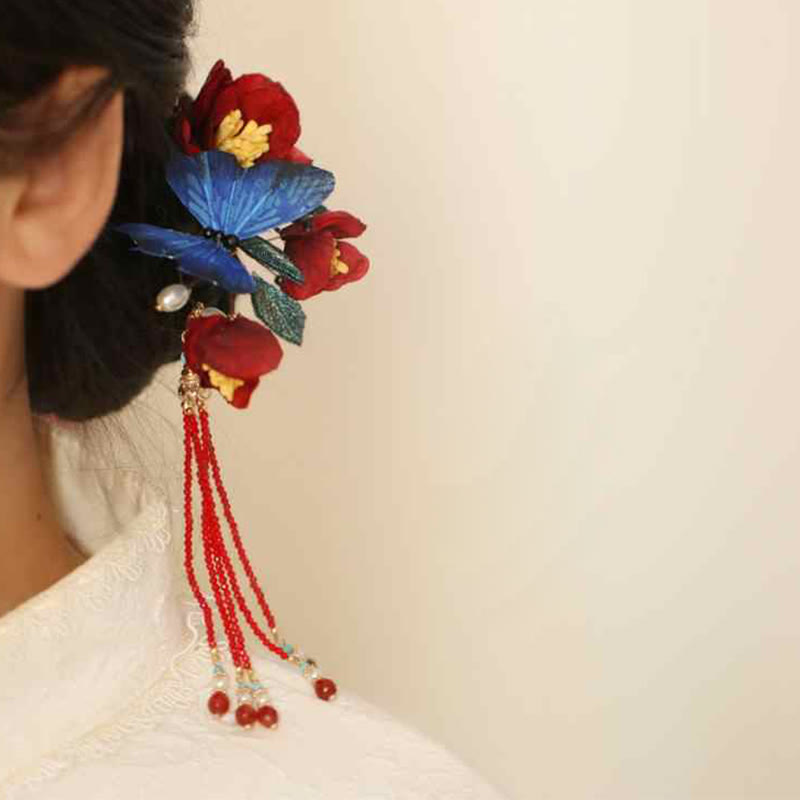 Nimara Ritual Classical Chinese Style Red Flower Blue Butterfly Hairpin