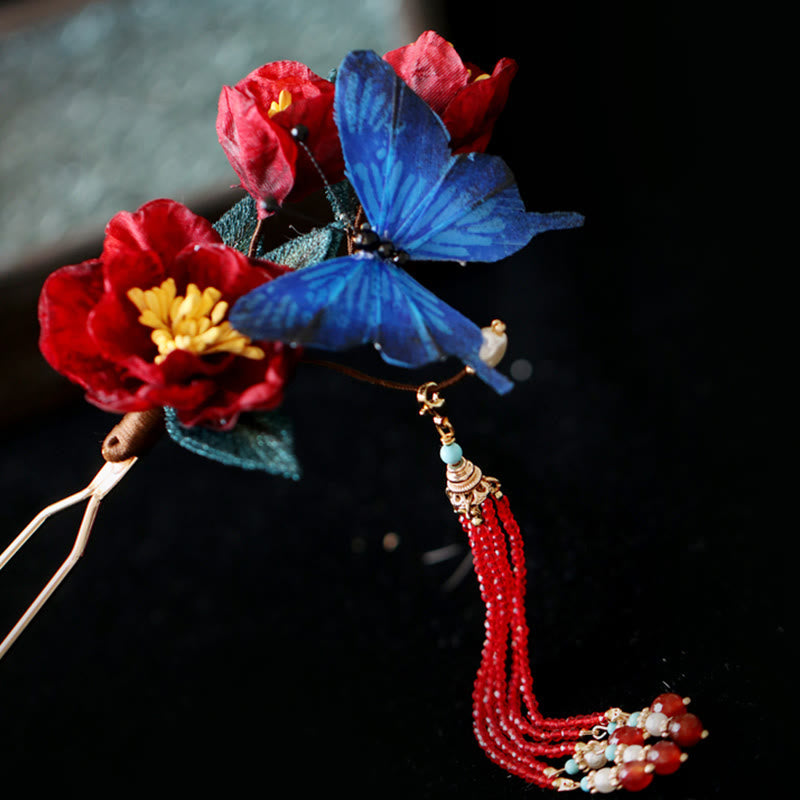 Nimara Ritual Classical Chinese Style Red Flower Blue Butterfly Hairpin