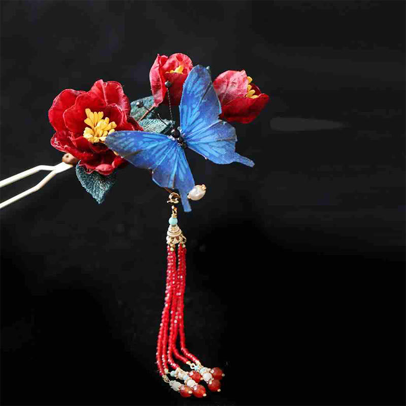 Nimara Ritual Classical Chinese Style Red Flower Blue Butterfly Hairpin