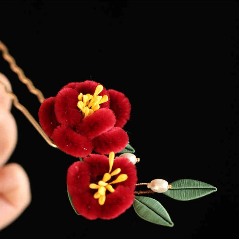Nimara Ritual Classical Chinese Style Red Flower Blue Butterfly Hairpin Hair Clip Hair Comb Barrette