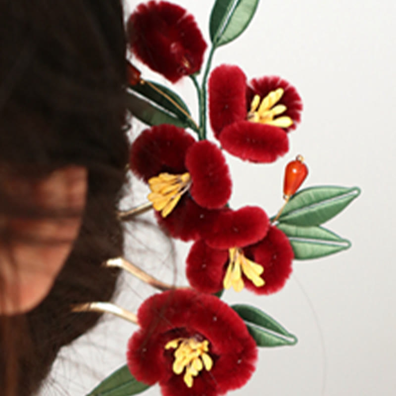 Nimara Ritual Classical Chinese Style Red Flower Blue Butterfly Hairpin Hair Clip Hair Comb Barrette