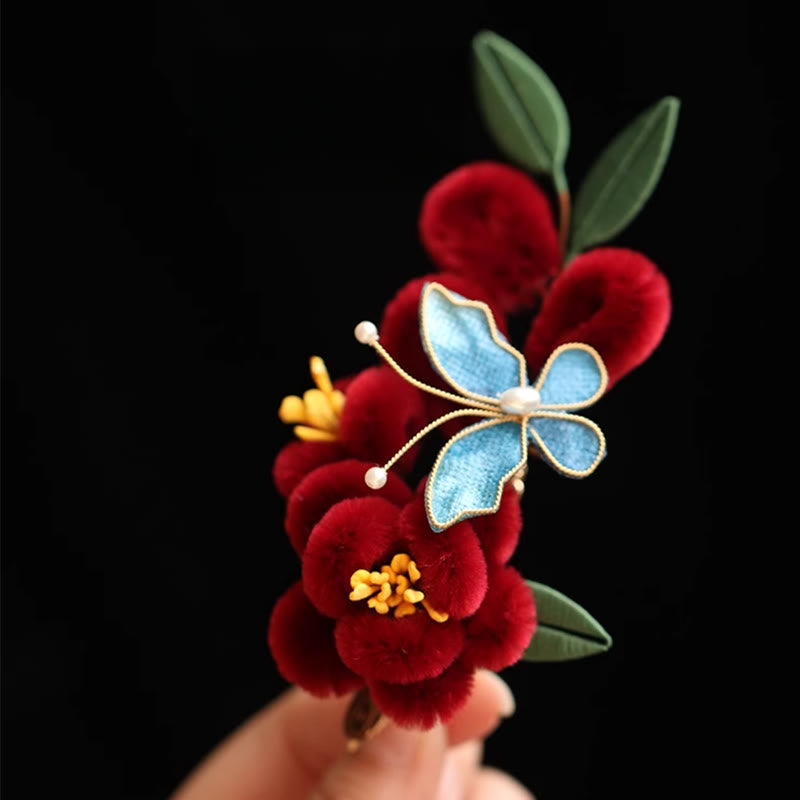 Nimara Ritual Classical Chinese Style Red Flower Blue Butterfly Hairpin Hair Clip Hair Comb Barrette
