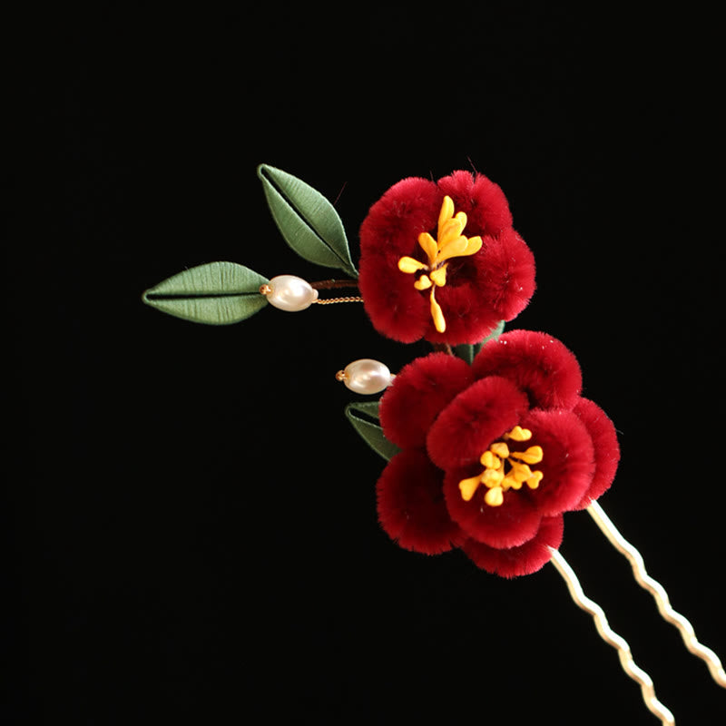 Nimara Ritual Classical Chinese Style Red Flower Blue Butterfly Hairpin Hair Clip Hair Comb Barrette