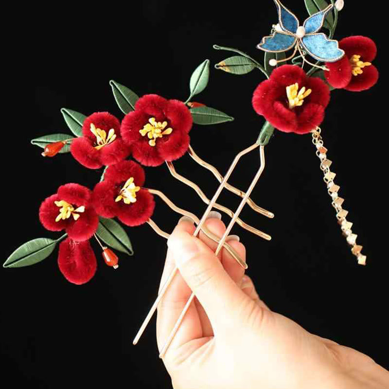 Nimara Ritual Classical Chinese Style Red Flower Blue Butterfly Hairpin Hair Clip Hair Comb Barrette