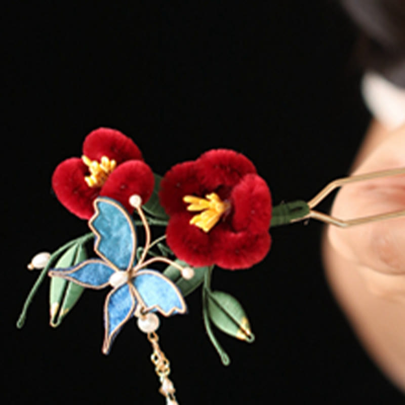 Nimara Ritual Classical Chinese Style Red Flower Blue Butterfly Hairpin Hair Clip Hair Comb Barrette