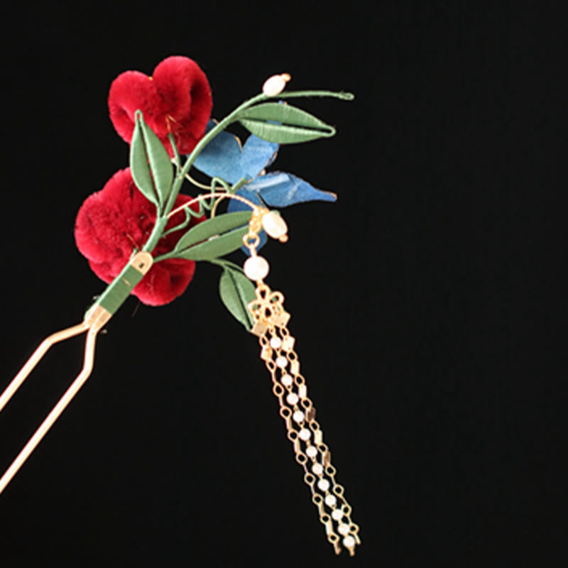 Nimara Ritual Classical Chinese Style Red Flower Blue Butterfly Hairpin Hair Clip Hair Comb Barrette