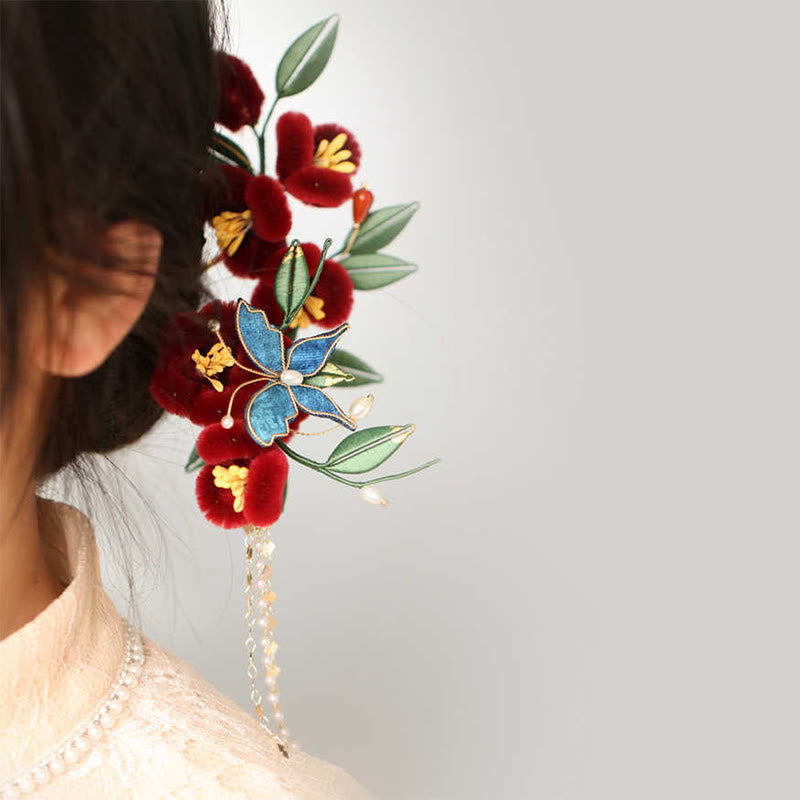 Nimara Ritual Classical Chinese Style Red Flower Blue Butterfly Hairpin Hair Clip Hair Comb Barrette