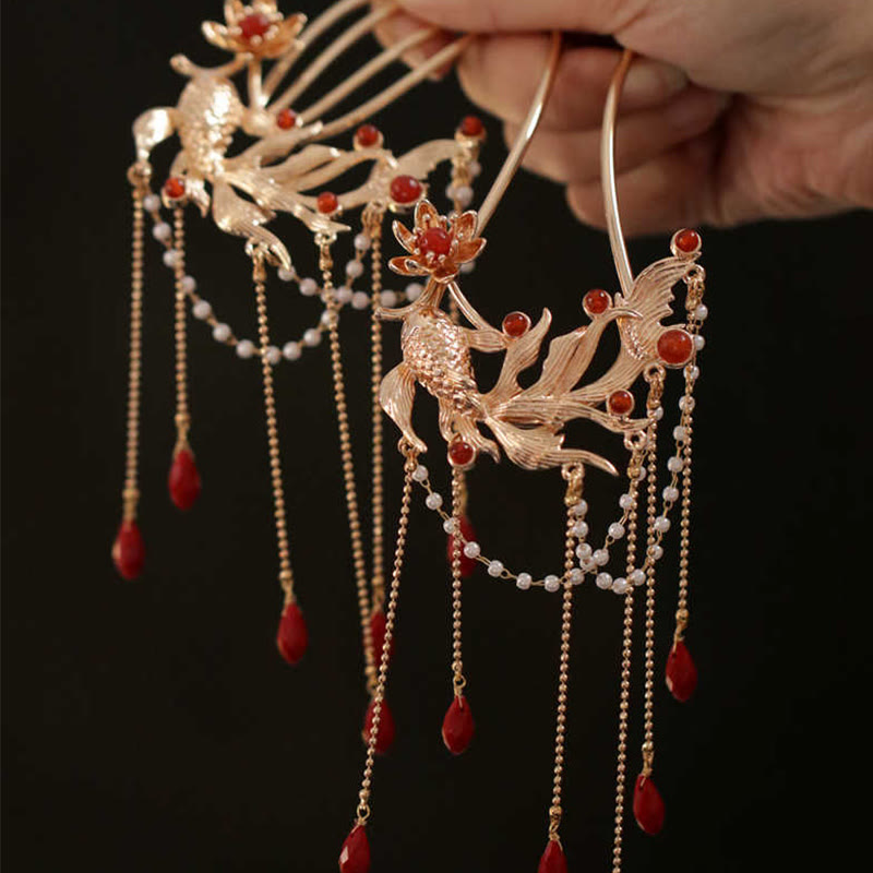 Nimara Ritual Chinese Style Koi Fish Flower Tassel Red Agate Copper Gold Plated Hairpin Hair Comb