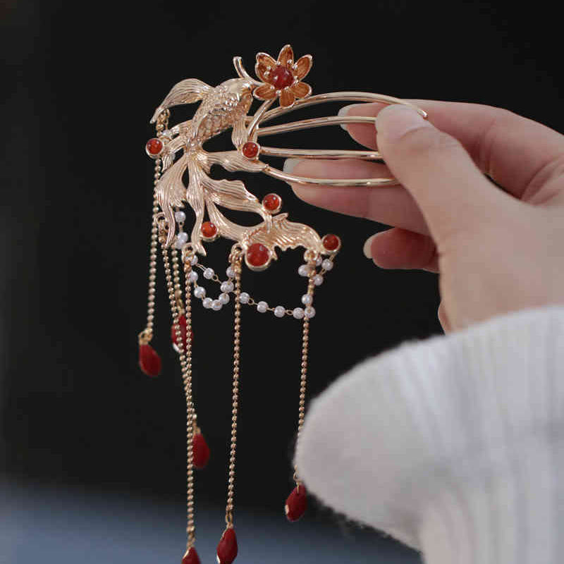 Nimara Ritual Chinese Style Koi Fish Flower Tassel Red Agate Copper Gold Plated Hairpin Hair Comb