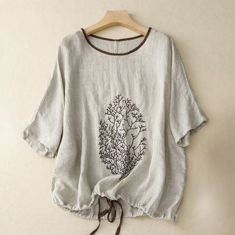 Nimara Ritual Casual Embroidery Tree Drawstring Women's Crew Neck Design Half Sleeve Cotton Linen T-Shirt