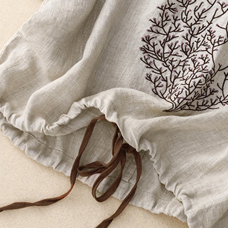 Nimara Ritual Casual Embroidery Tree Drawstring Women's Crew Neck Design Half Sleeve Cotton Linen T-Shirt