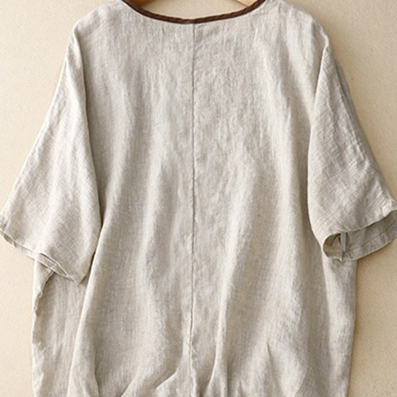 Nimara Ritual Casual Embroidery Tree Drawstring Women's Crew Neck Design Half Sleeve Cotton Linen T-Shirt