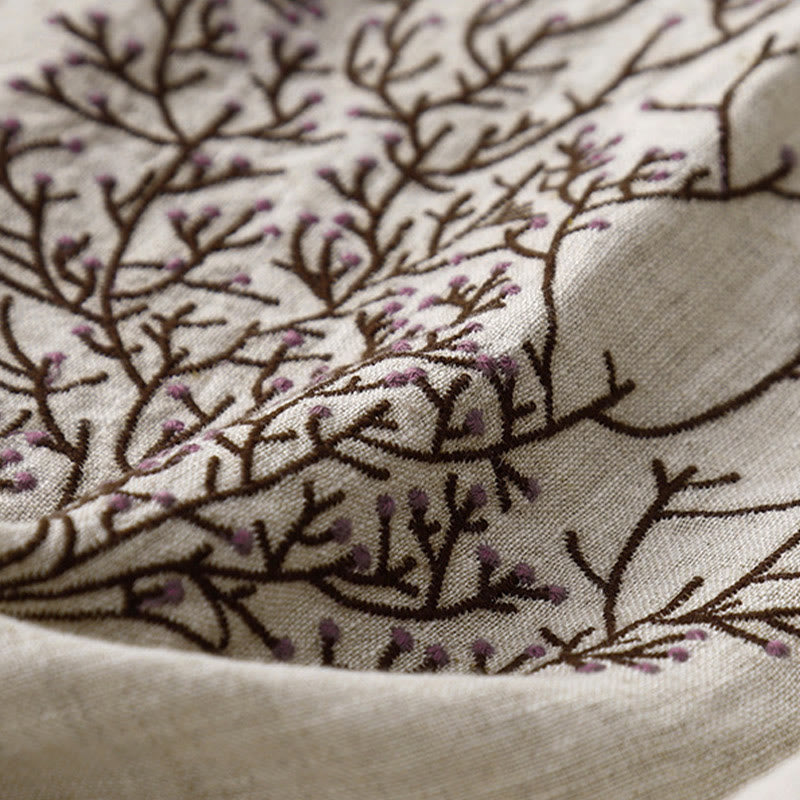 Nimara Ritual Casual Embroidery Tree Drawstring Women's Crew Neck Design Half Sleeve Cotton Linen T-Shirt