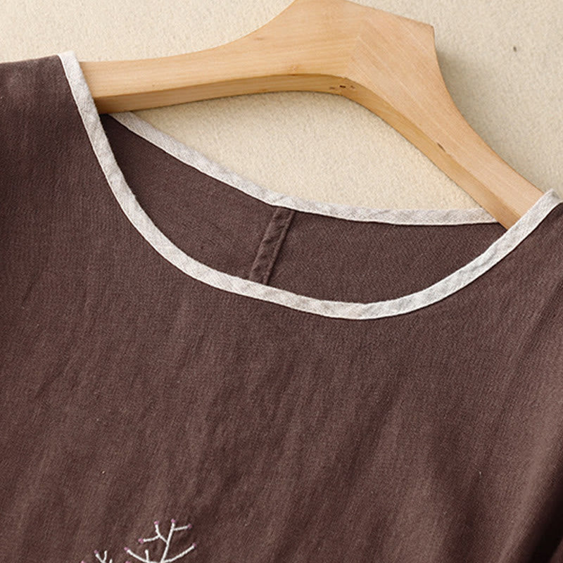 Nimara Ritual Casual Embroidery Tree Drawstring Women's Crew Neck Design Half Sleeve Cotton Linen T-Shirt