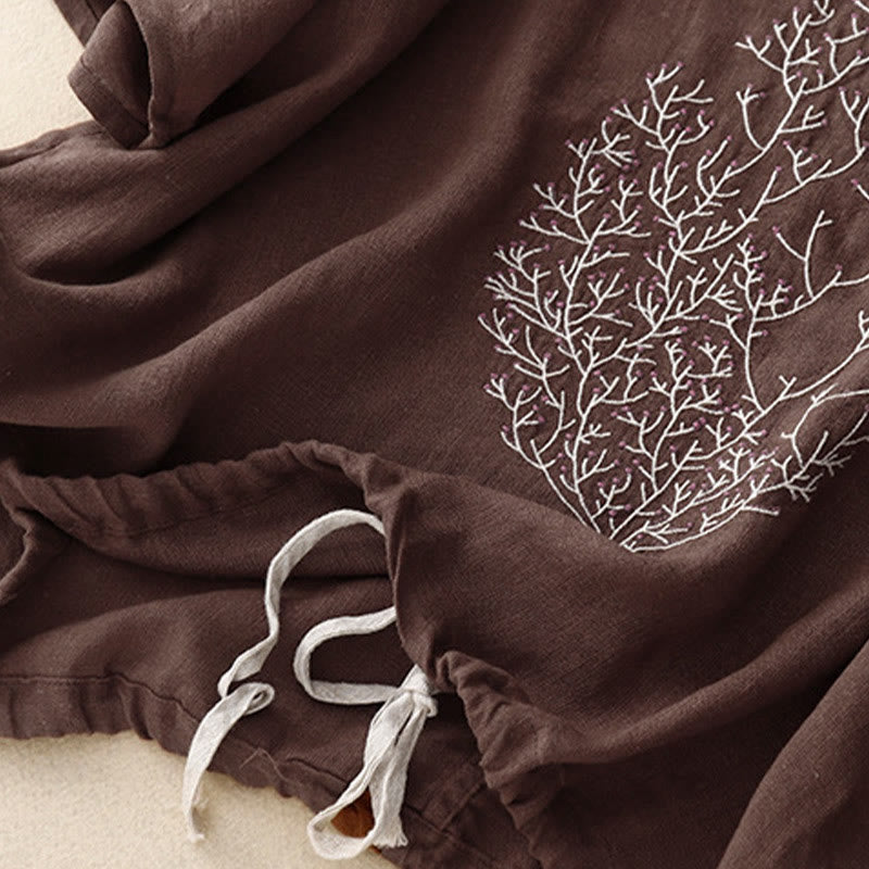 Nimara Ritual Casual Embroidery Tree Drawstring Women's Crew Neck Design Half Sleeve Cotton Linen T-Shirt