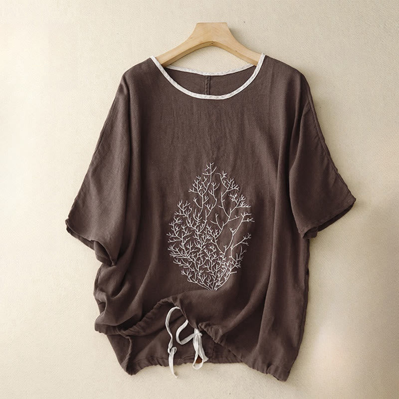 Nimara Ritual Casual Embroidery Tree Drawstring Women's Crew Neck Design Half Sleeve Cotton Linen T-Shirt