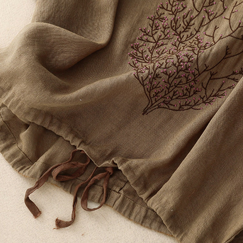 Nimara Ritual Casual Embroidery Tree Drawstring Women's Crew Neck Design Half Sleeve Cotton Linen T-Shirt