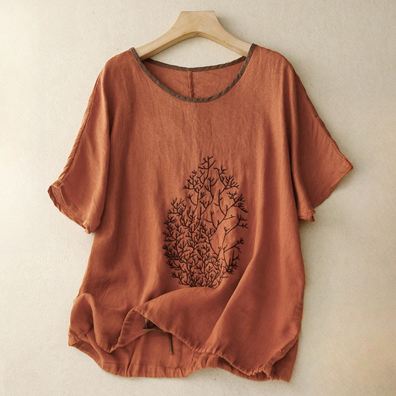 Nimara Ritual Casual Embroidery Tree Drawstring Women's Crew Neck Design Half Sleeve Cotton Linen T-Shirt