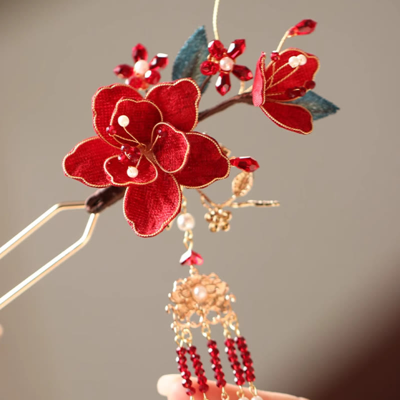 Nimara Ritual Classical Chinese Style Red Flower Butterfly Tassel Hair Comb Hairpin