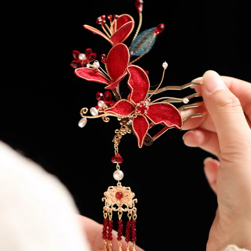 Nimara Ritual Classical Chinese Style Red Flower Butterfly Tassel Hair Comb Hairpin