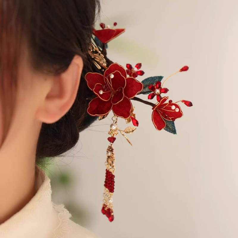Nimara Ritual Classical Chinese Style Red Flower Butterfly Tassel Hair Comb Hairpin