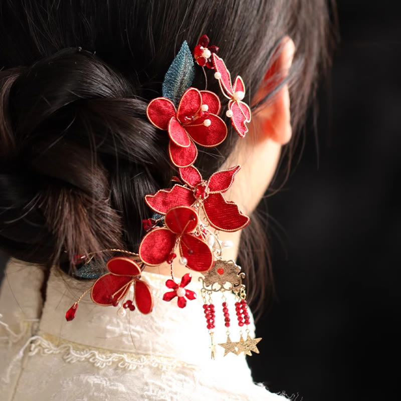 Nimara Ritual Classical Chinese Style Red Flower Butterfly Tassel Hair Comb Hairpin