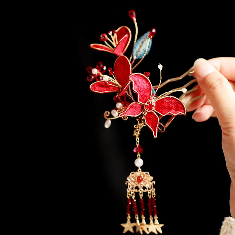 Nimara Ritual Classical Chinese Style Red Flower Butterfly Tassel Hair Comb Hairpin