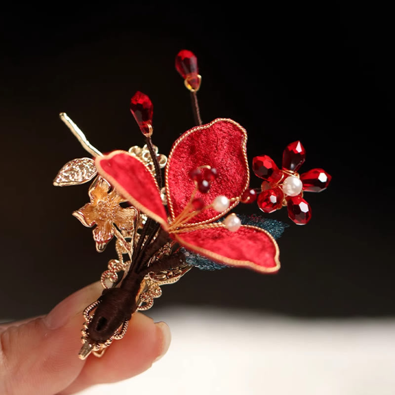 Nimara Ritual Classical Chinese Style Red Flower Butterfly Tassel Hair Comb Hairpin