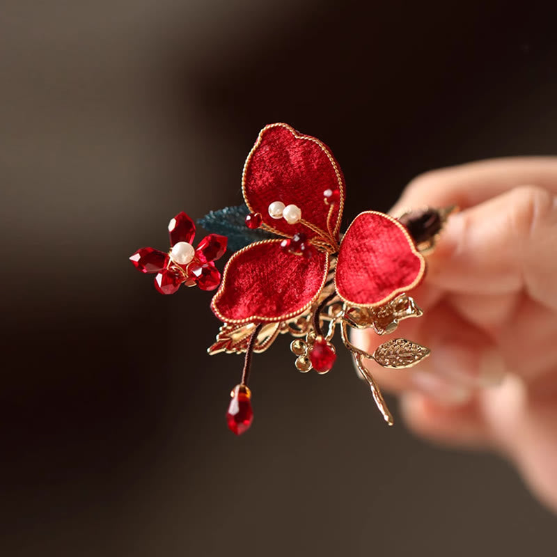 Nimara Ritual Classical Chinese Style Red Flower Butterfly Tassel Hair Comb Hairpin