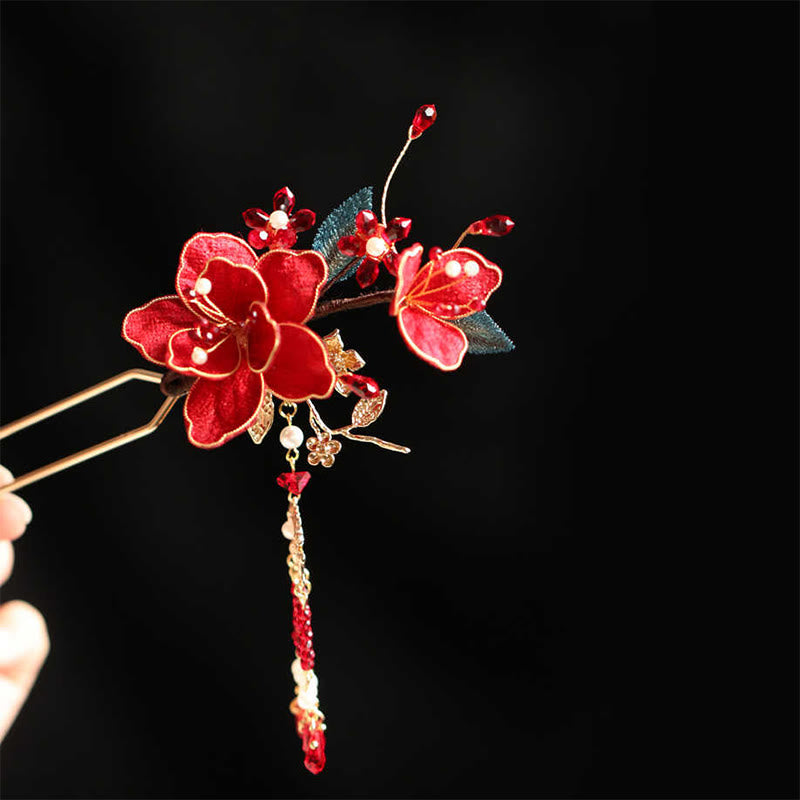 Nimara Ritual Classical Chinese Style Red Flower Butterfly Tassel Hair Comb Hairpin