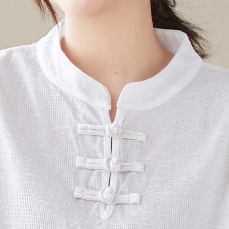 Nimara Ritual Casual Jacquard Frog-Button Women's Crew Neck Design Three Quarter Sleeve Cotton Linen Shirt
