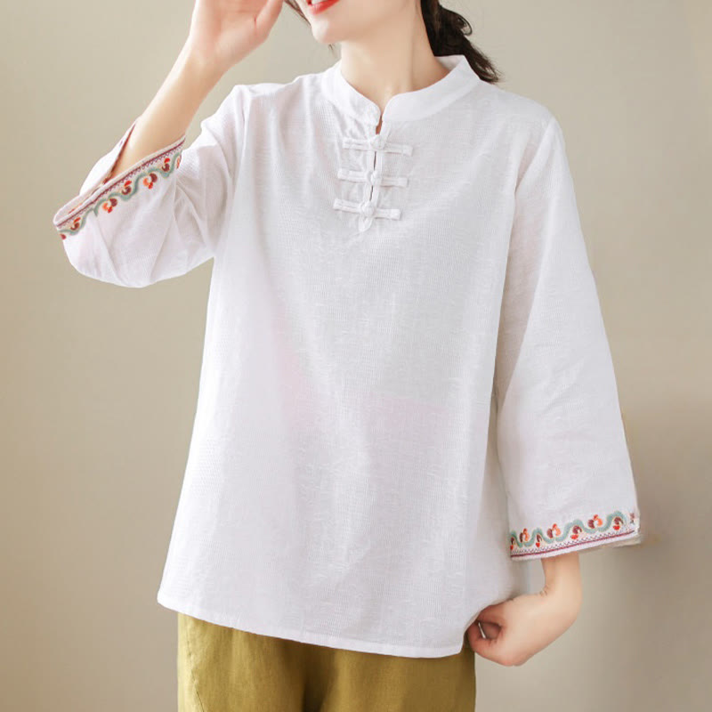 Nimara Ritual Casual Jacquard Frog-Button Women's Crew Neck Design Three Quarter Sleeve Cotton Linen Shirt