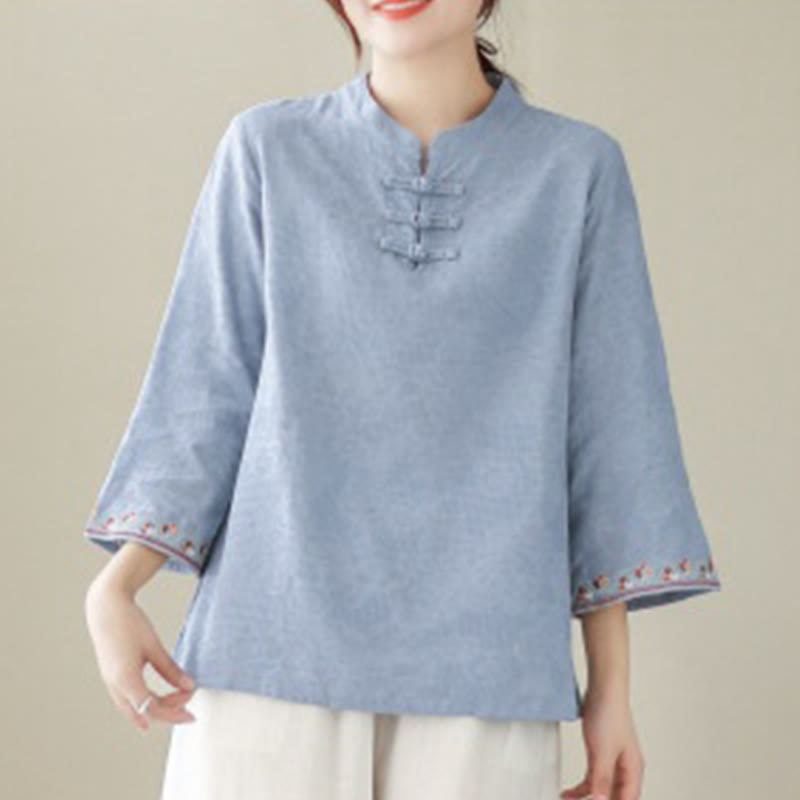 Nimara Ritual Casual Jacquard Frog-Button Women's Crew Neck Design Three Quarter Sleeve Cotton Linen Shirt