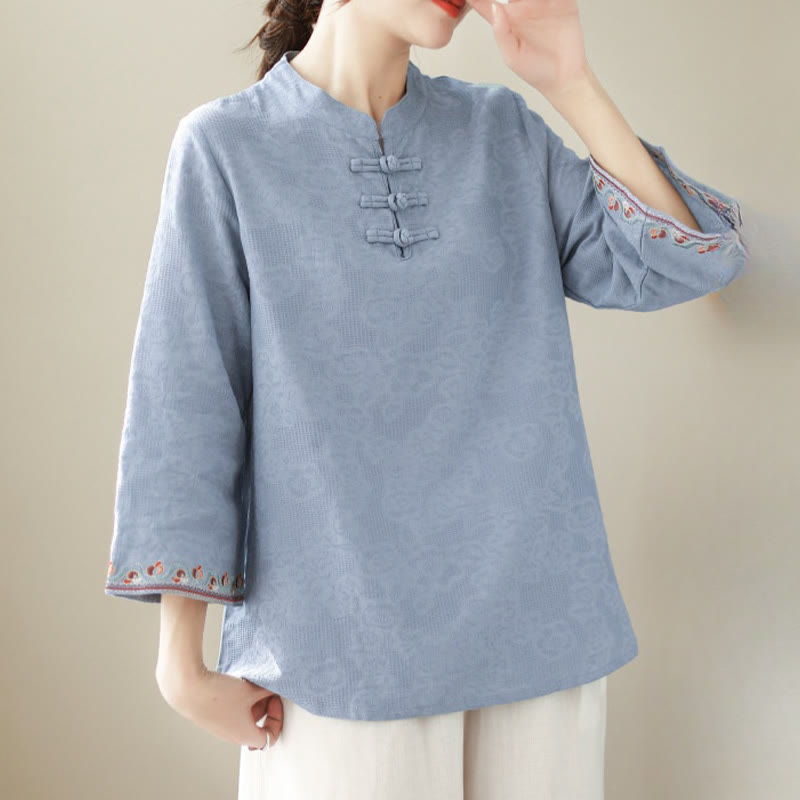 Nimara Ritual Casual Jacquard Frog-Button Women's Crew Neck Design Three Quarter Sleeve Cotton Linen Shirt