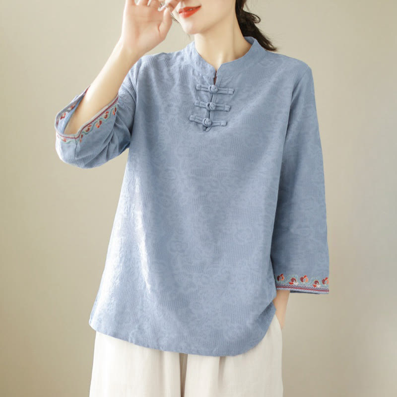 Nimara Ritual Casual Jacquard Frog-Button Women's Crew Neck Design Three Quarter Sleeve Cotton Linen Shirt