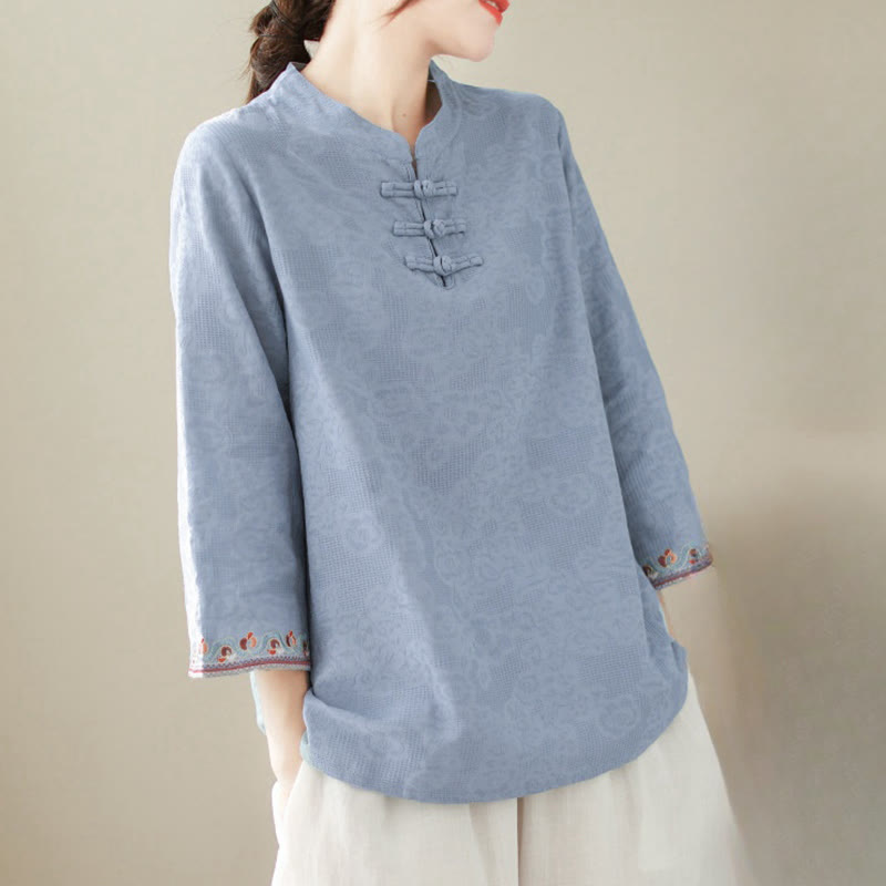 Nimara Ritual Casual Jacquard Frog-Button Women's Crew Neck Design Three Quarter Sleeve Cotton Linen Shirt