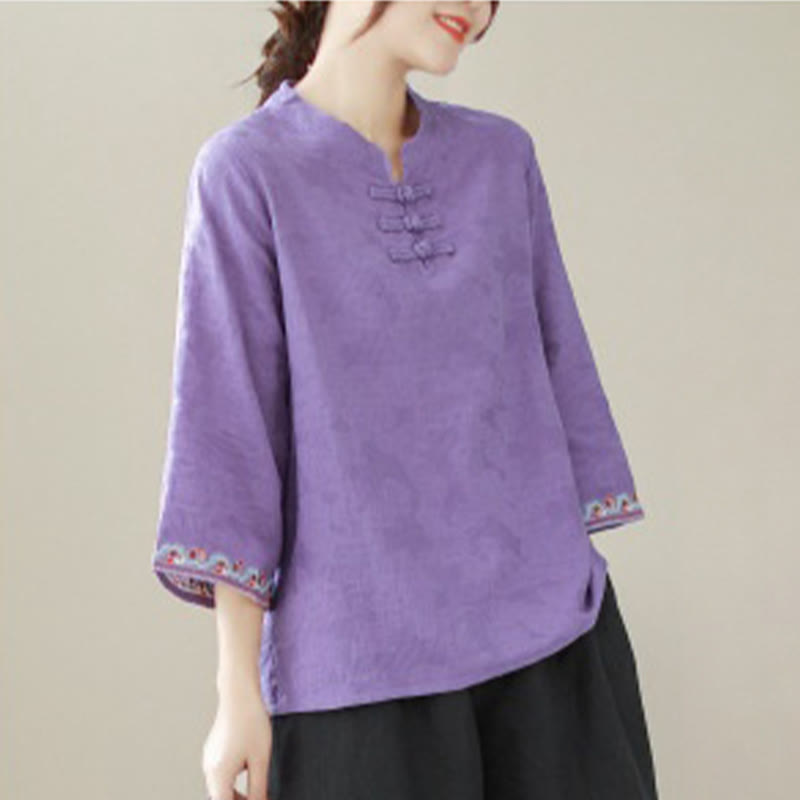 Nimara Ritual Casual Jacquard Frog-Button Women's Crew Neck Design Three Quarter Sleeve Cotton Linen Shirt