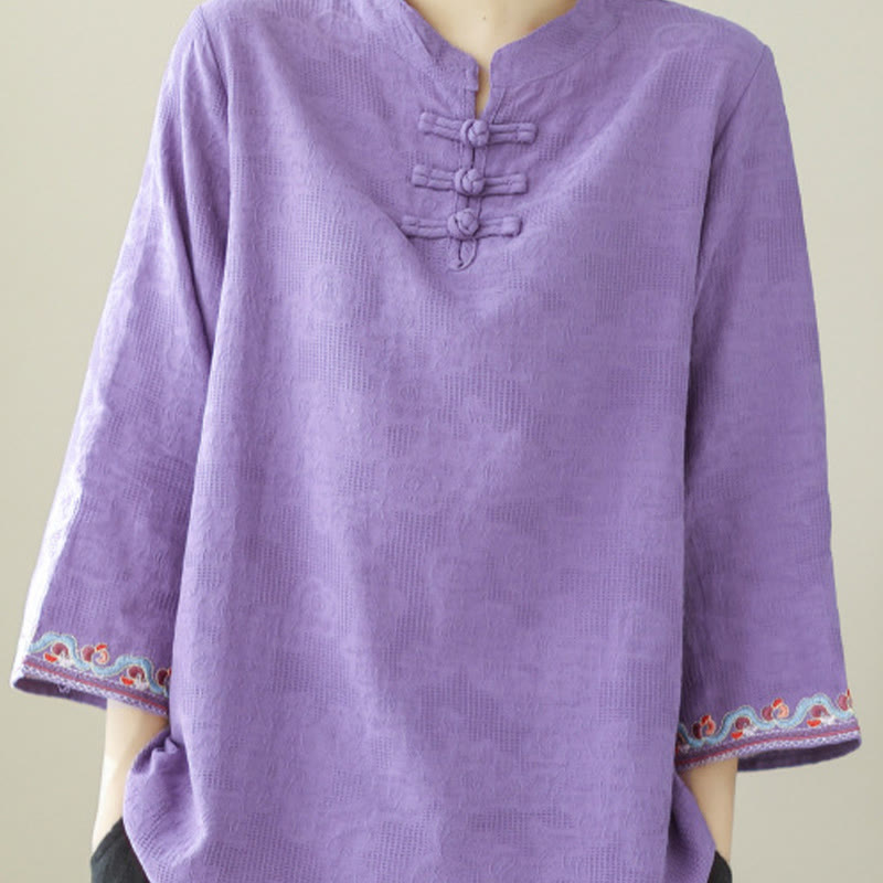 Nimara Ritual Casual Jacquard Frog-Button Women's Crew Neck Design Three Quarter Sleeve Cotton Linen Shirt