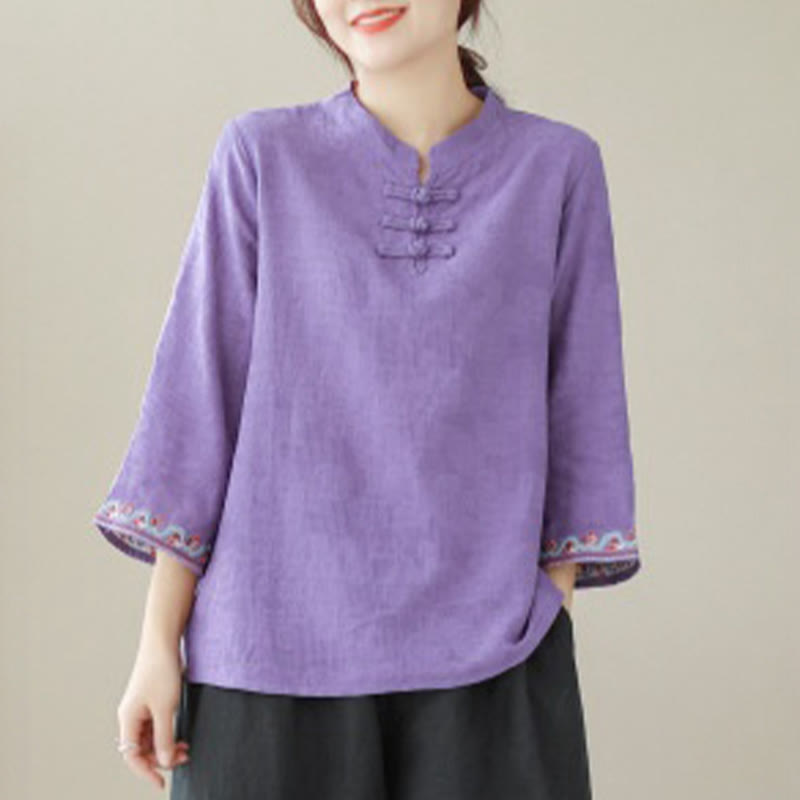 Nimara Ritual Casual Jacquard Frog-Button Women's Crew Neck Design Three Quarter Sleeve Cotton Linen Shirt
