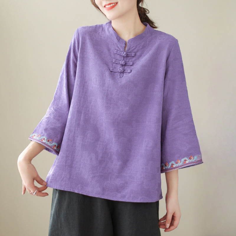 Nimara Ritual Casual Jacquard Frog-Button Women's Crew Neck Design Three Quarter Sleeve Cotton Linen Shirt