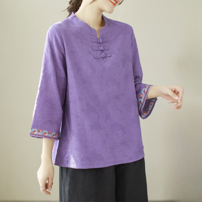 Nimara Ritual Casual Jacquard Frog-Button Women's Crew Neck Design Three Quarter Sleeve Cotton Linen Shirt