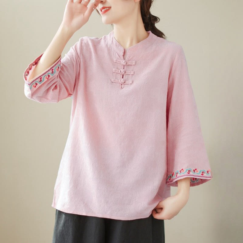 Nimara Ritual Casual Jacquard Frog-Button Women's Crew Neck Design Three Quarter Sleeve Cotton Linen Shirt