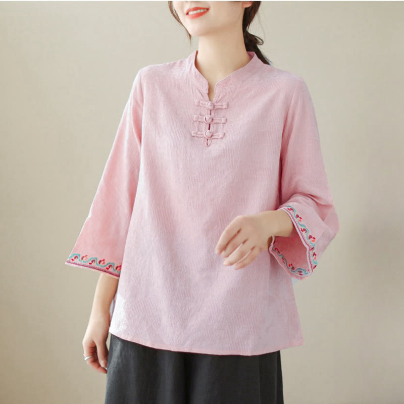 Nimara Ritual Casual Jacquard Frog-Button Women's Crew Neck Design Three Quarter Sleeve Cotton Linen Shirt