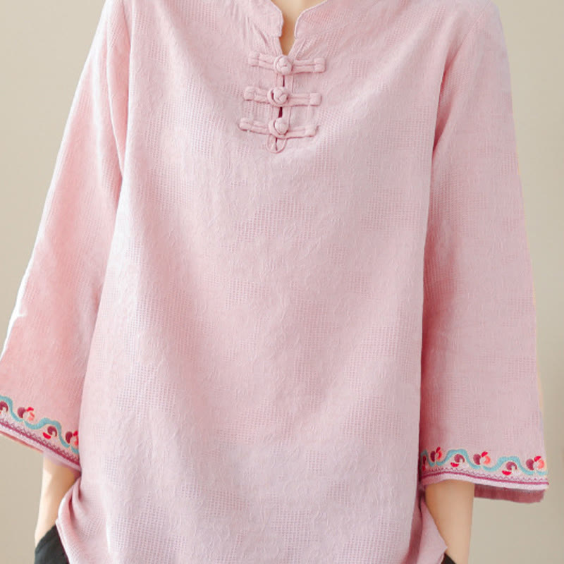 Nimara Ritual Casual Jacquard Frog-Button Women's Crew Neck Design Three Quarter Sleeve Cotton Linen Shirt