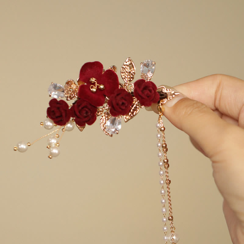 Nimara Ritual Retro Chinese Style Red Camellia Flower Tassel Side Hair Clip