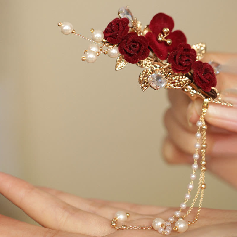 Nimara Ritual Retro Chinese Style Red Camellia Flower Tassel Side Hair Clip