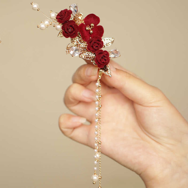 Nimara Ritual Retro Chinese Style Red Camellia Flower Tassel Side Hair Clip